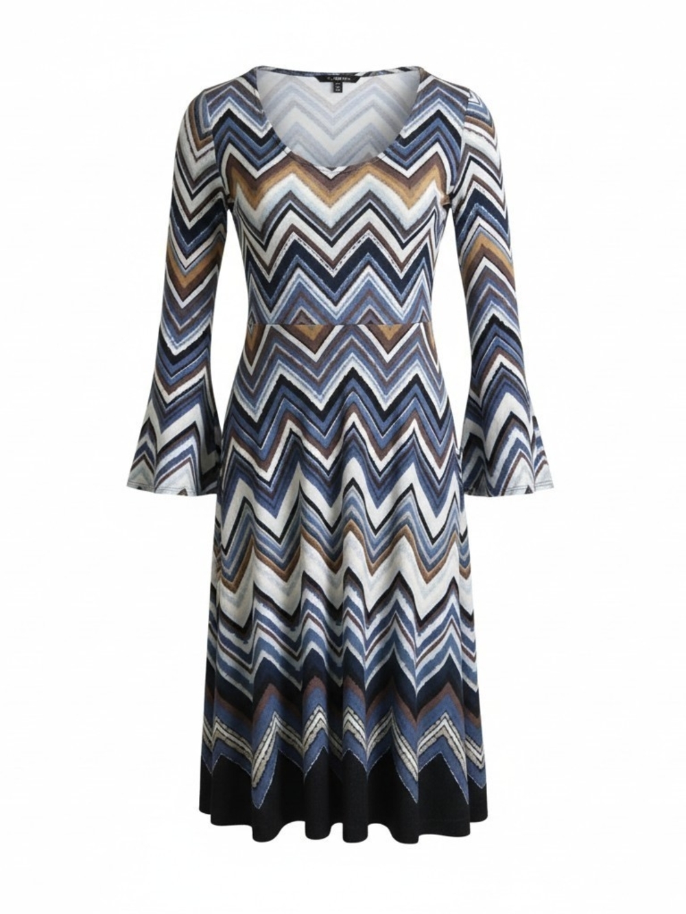 R&K XL Blue Chevron Bell Sleeve Midi Dress Retro Knit Boho Casual Chic